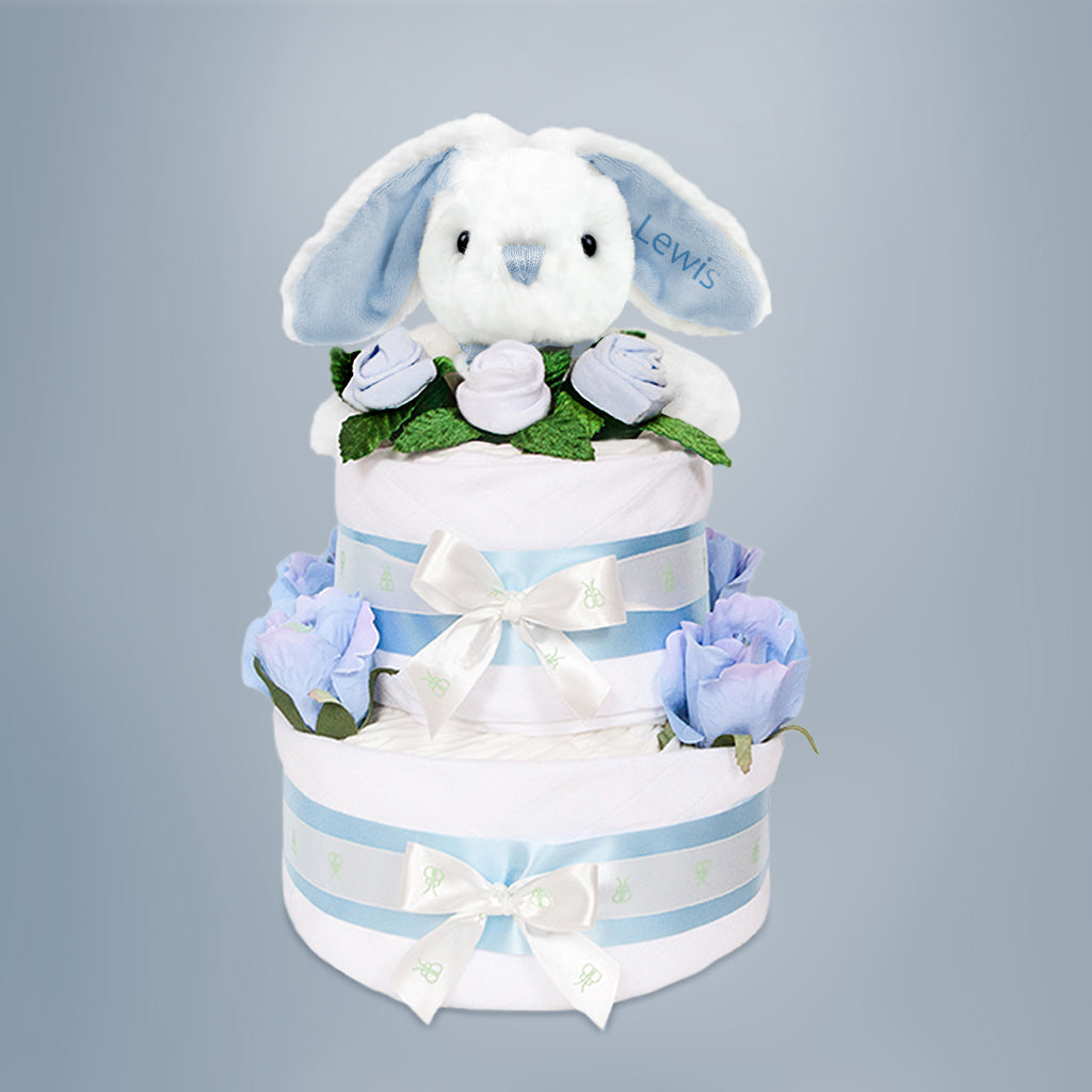 Personalised Baby Shower Gift  Eco Bunny Sfot Toy Nappy Cake