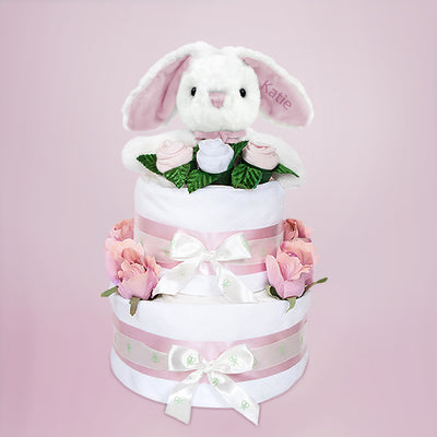 Baby Shower Gift Personalised Eco Pink Bunny Soft Toy Two Tier Nappy Cake