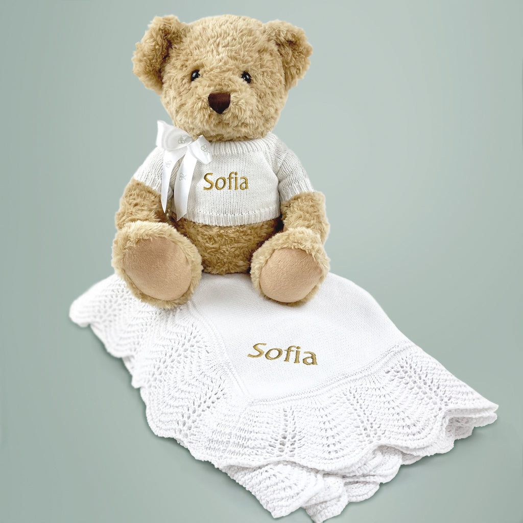 Personalised Christening Gift With Large Teddy Bear And Traditional Blanket 