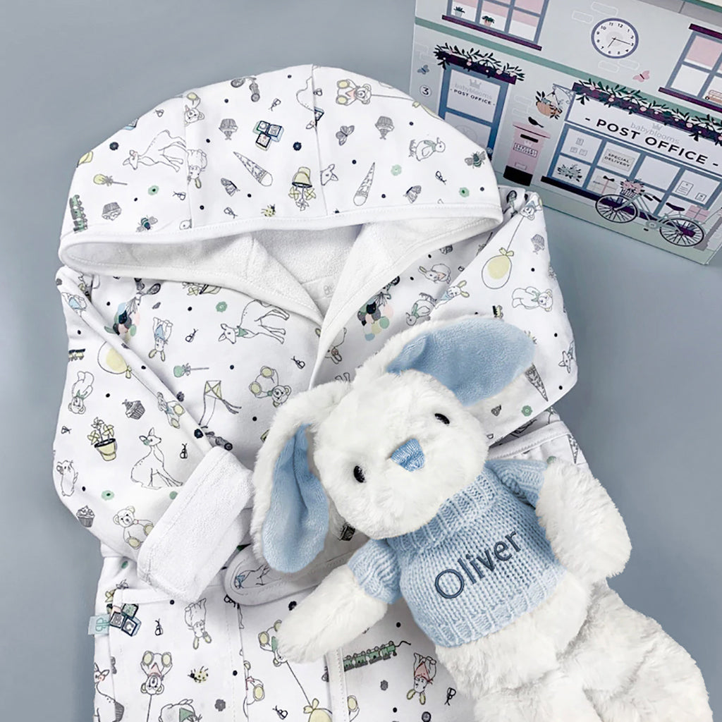 Baby Boy Gift Hamper Of Personalised Bathrobe And Blue Soft Toy Bunny