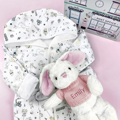 Baby Girl Gift Hamper Of Personalised Bathrobe And Pink Soft Toy Bunny