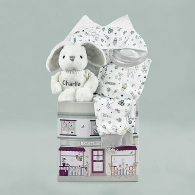 Baby Hamper Of Personalised Bed And Bathtime Bathrobe And Blue Soft Toy Bunny