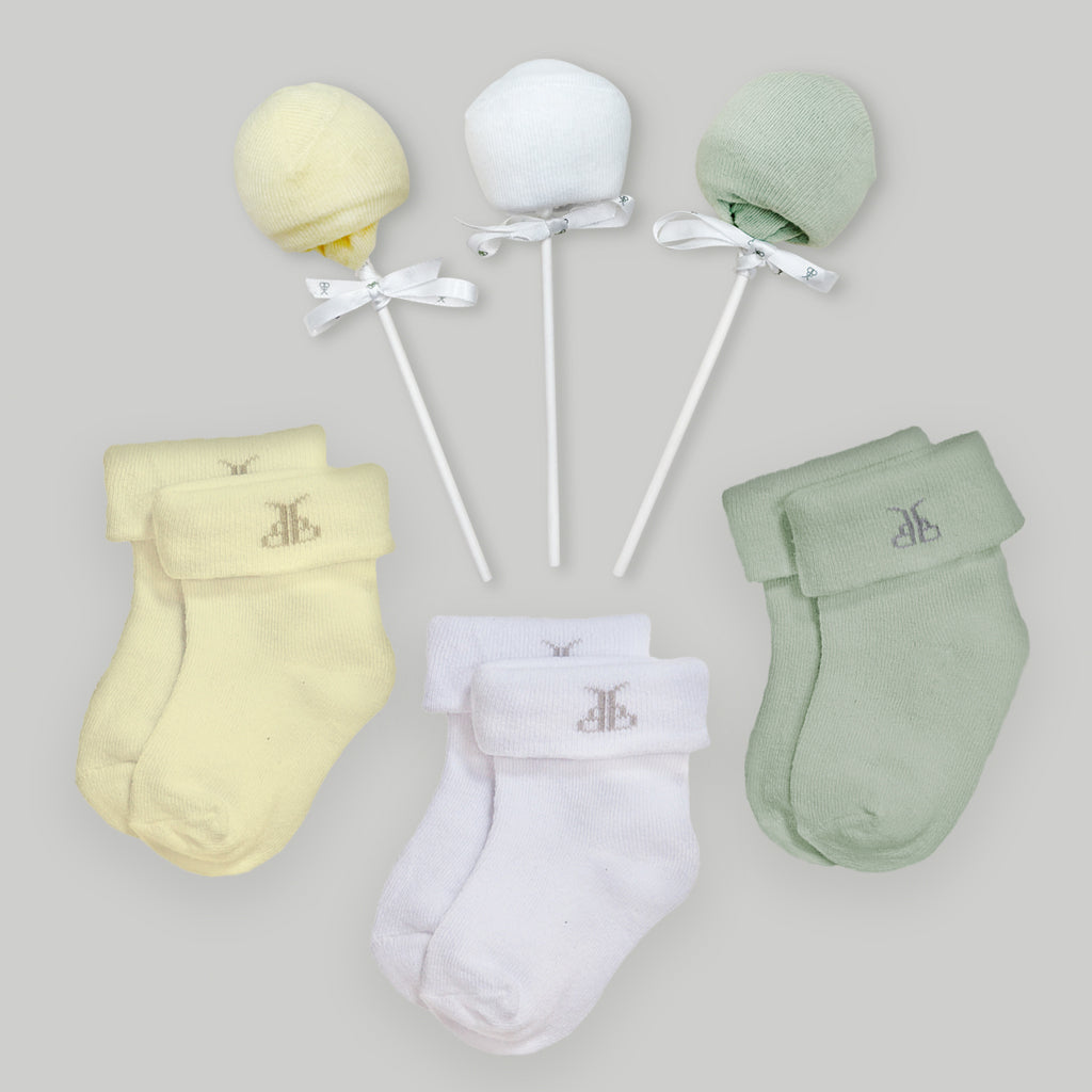 Trio of Neutral Sock Pops New Baby Gift 