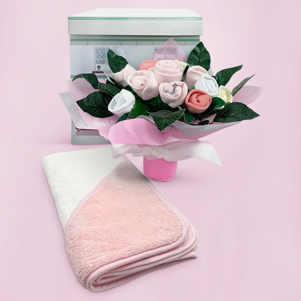 Baby Clothes Bouquet With Hooded Baby Towel, Pink Babyblooms