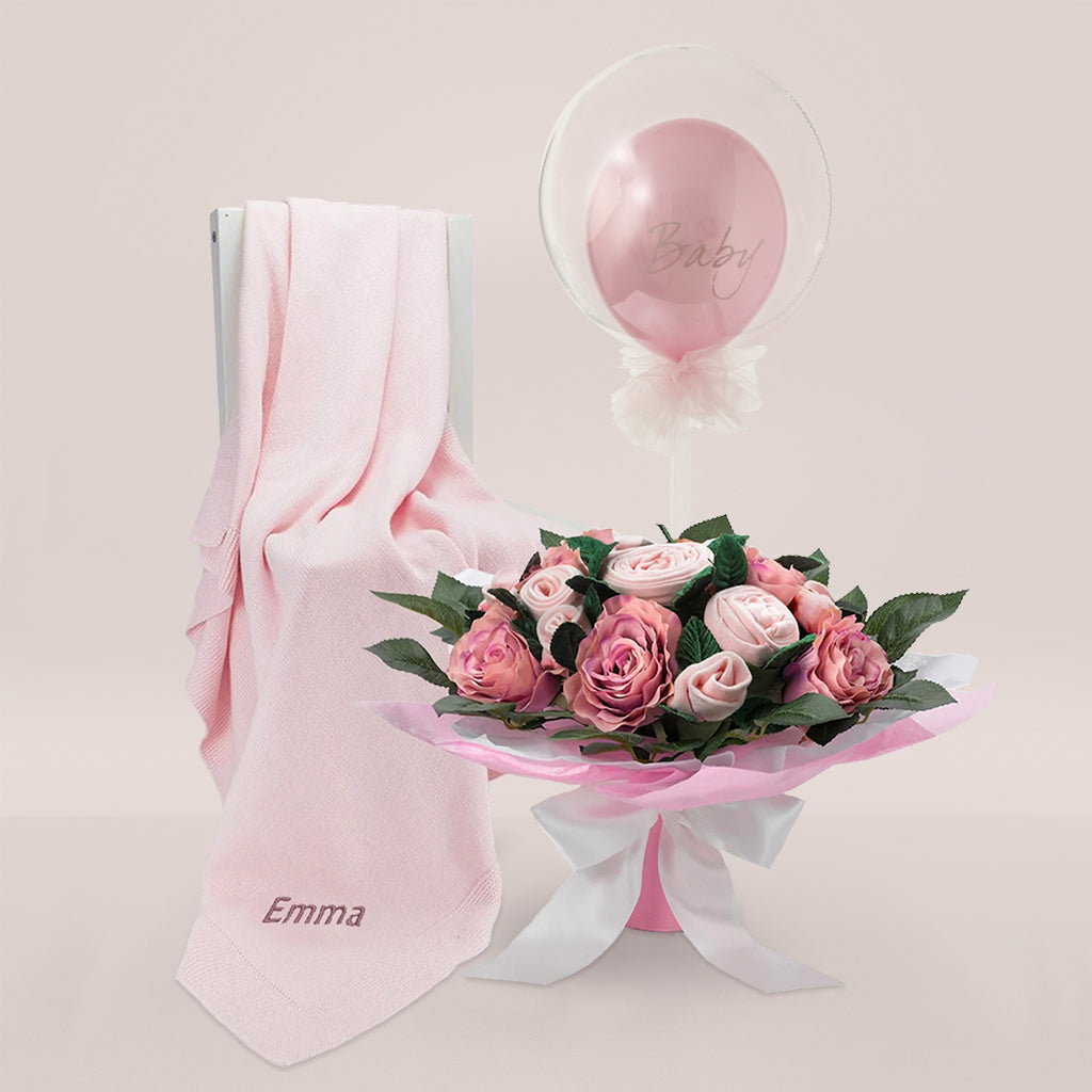 Baby Pink Gift Baby Clothes Bouquet And Balloon With Personalised Pink Blanket
