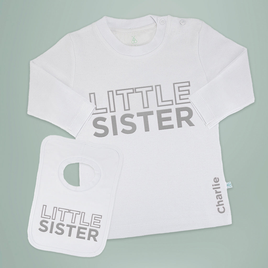Personalised Little Sister Long-Sleeved T-Shirt and Bib Set