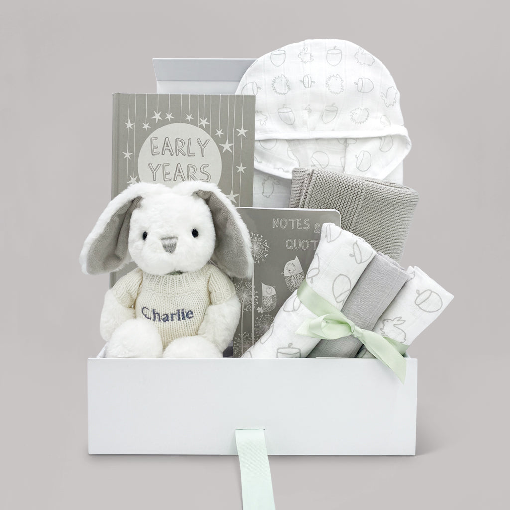New Baby Gift Personalised Bunny Eco Soft Toy Keepsake Hamper
