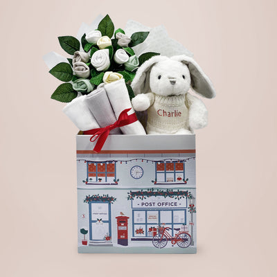 New Baby Christmas Welcome Hamper with Personalised Baby Bunny, Grey