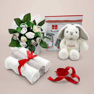 Babys First Christmas Gift Hamper With Personalised Bunny Soft Toy