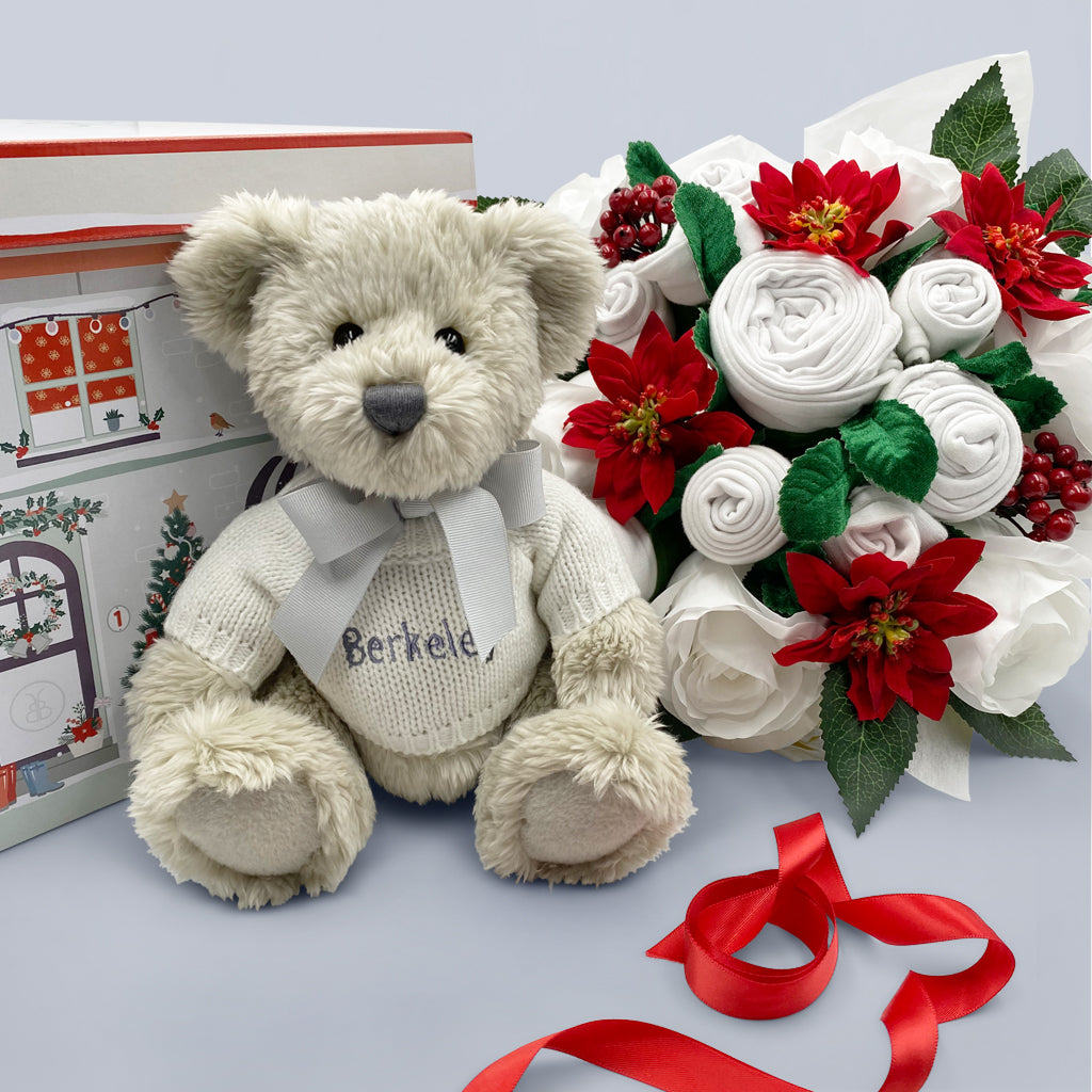 Christmas Luxury Rose Baby Clothes Bouquet with Personalised Berkeley Bear, Grey