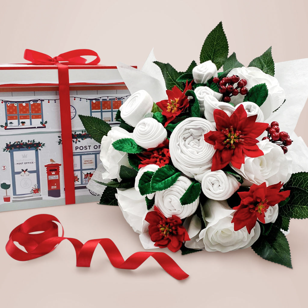 Christmas Luxury Rose Baby Clothes Bouquet with Personalised Bunny Soft Toy, Grey