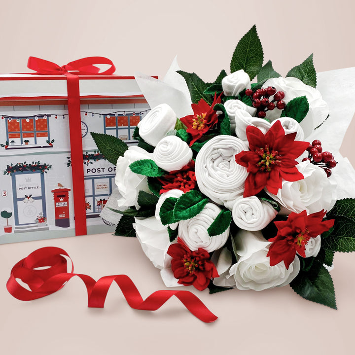 Christmas Luxury Rose Baby Clothes Bouquet with Personalised Bunny Soft Toy, Grey