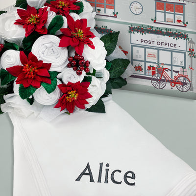 Christmas Luxury Rose Baby Clothes Bouquet with Personalised Snuggle Wrap, Grey
