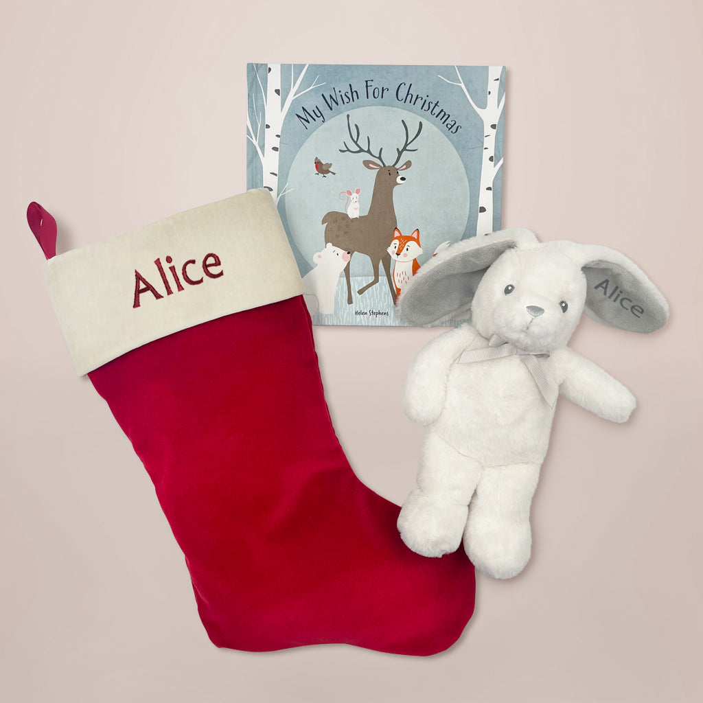 Babys First Christmas Gift Personalised Christmas Stocking And Book Set With Grey Soft Toy Bunny