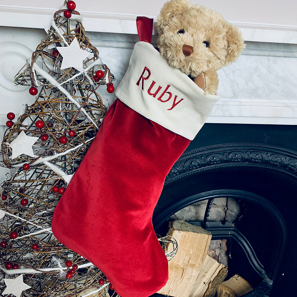 Personalised Bertie Bear and Christmas Stocking, Red