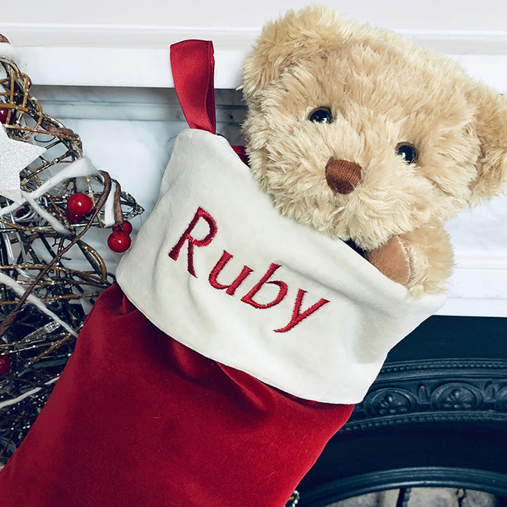Personalised Bertie Bear and Christmas Stocking, Red