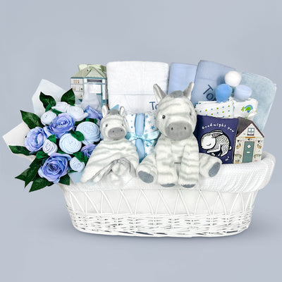 Personalised New Baby Boy Hamper With Soft Zebra Soft Toys And Moses Basket In Blue