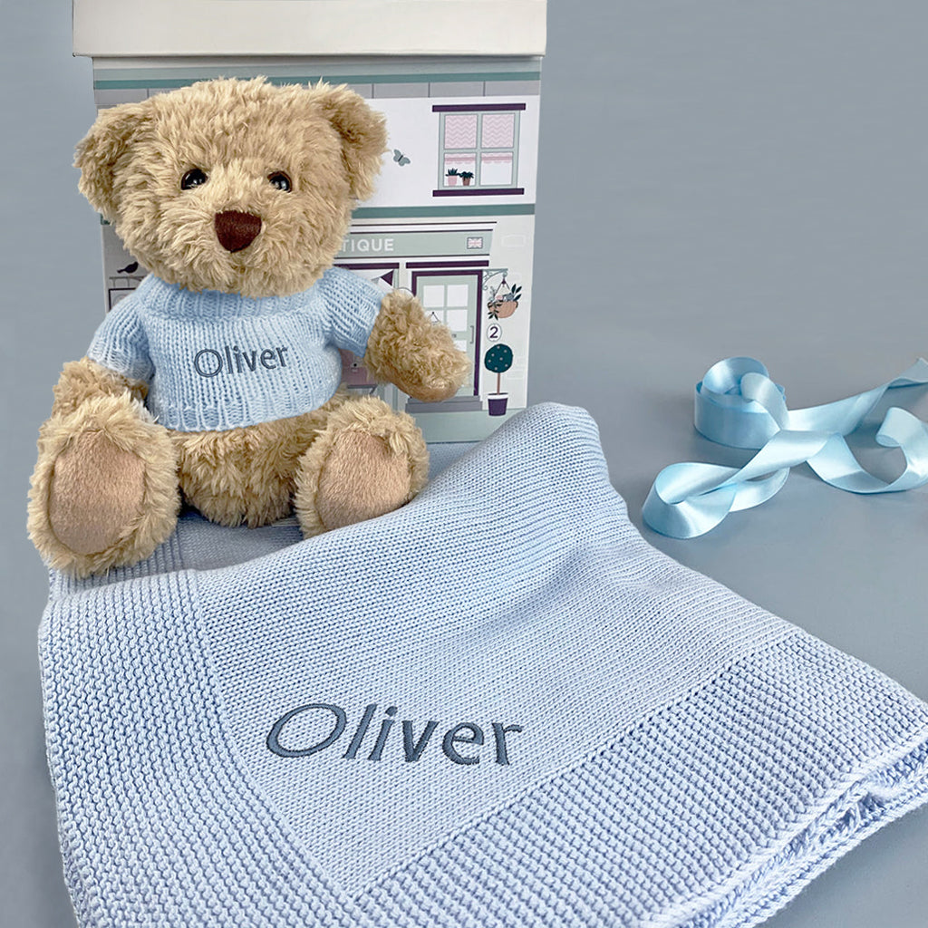 New Baby Boy Gift Personalised With Teddy Bear And Blue Blanket