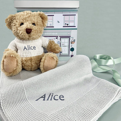 New Baby Gift Personalised With Teddy Bear And Grey Blanket