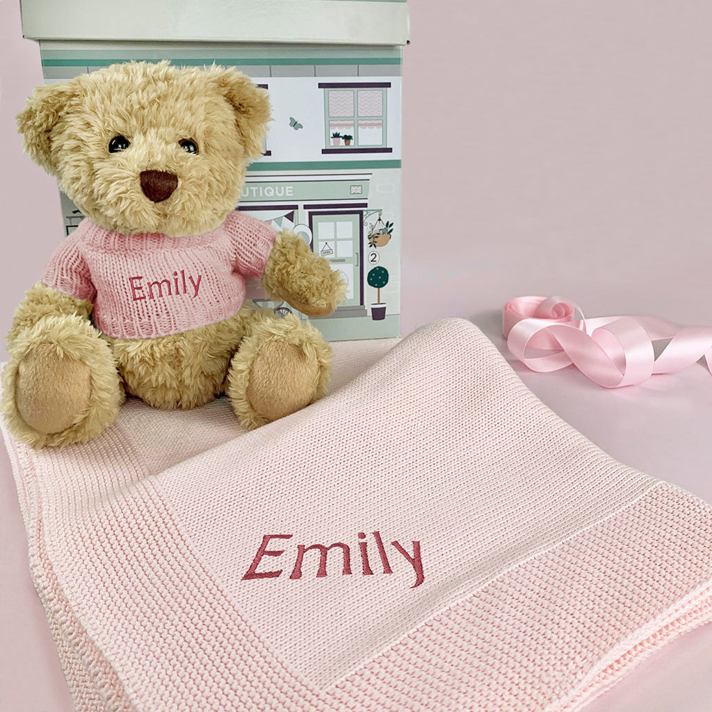 New Baby Girl Gift Personalised With Teddy Bear And Pink Blanket