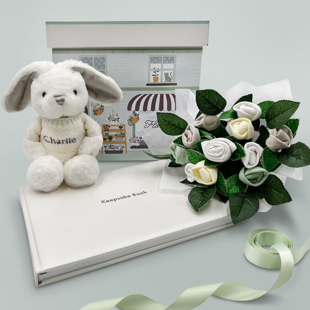 Christening Gift Personalised Keepsake Hamper With Grey Bunny Soft Toy