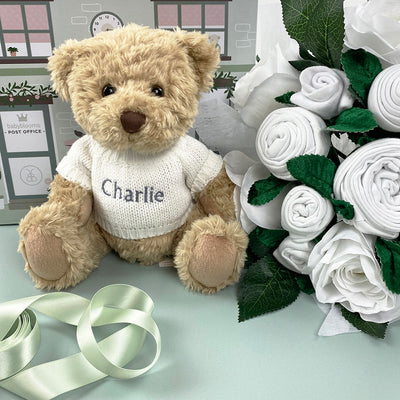 Baby Gift White Baby Clothes Bouquet With Personalised Teddy Bear