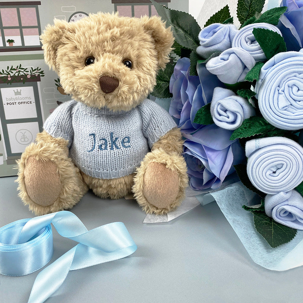 Baby Boy Gift Blue Baby Clothes Bouquet With Personalised Blue Teddy Bear