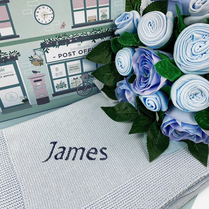 Baby Boy Gift Baby Clothes Bouquet Blue With Personalised Blue Blanket