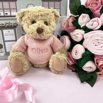 Baby Girl Gift Pink Baby Clothes Bouquet With Personalised Pink Teddy Bear