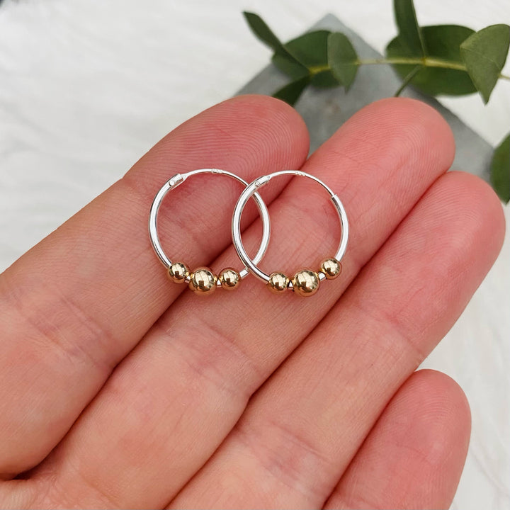 MayaH Jewellery Silver Hoop Earrings with Three Gold Beads