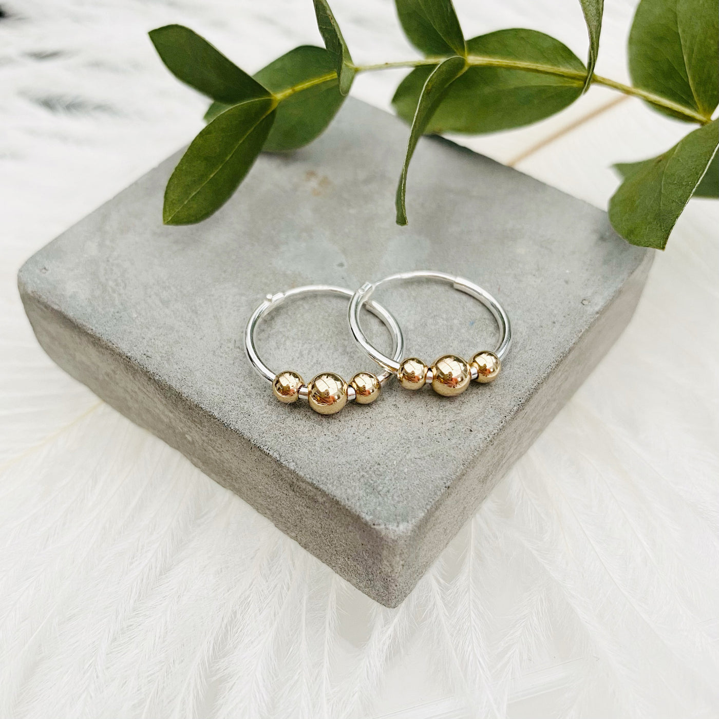 MayaH Jewellery Silver Hoop Earrings with Three Gold Beads