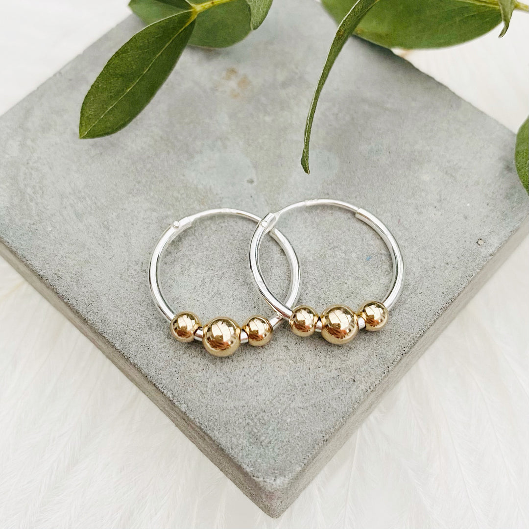 MayaH Jewellery Silver Hoop Earrings with Three Gold Beads
