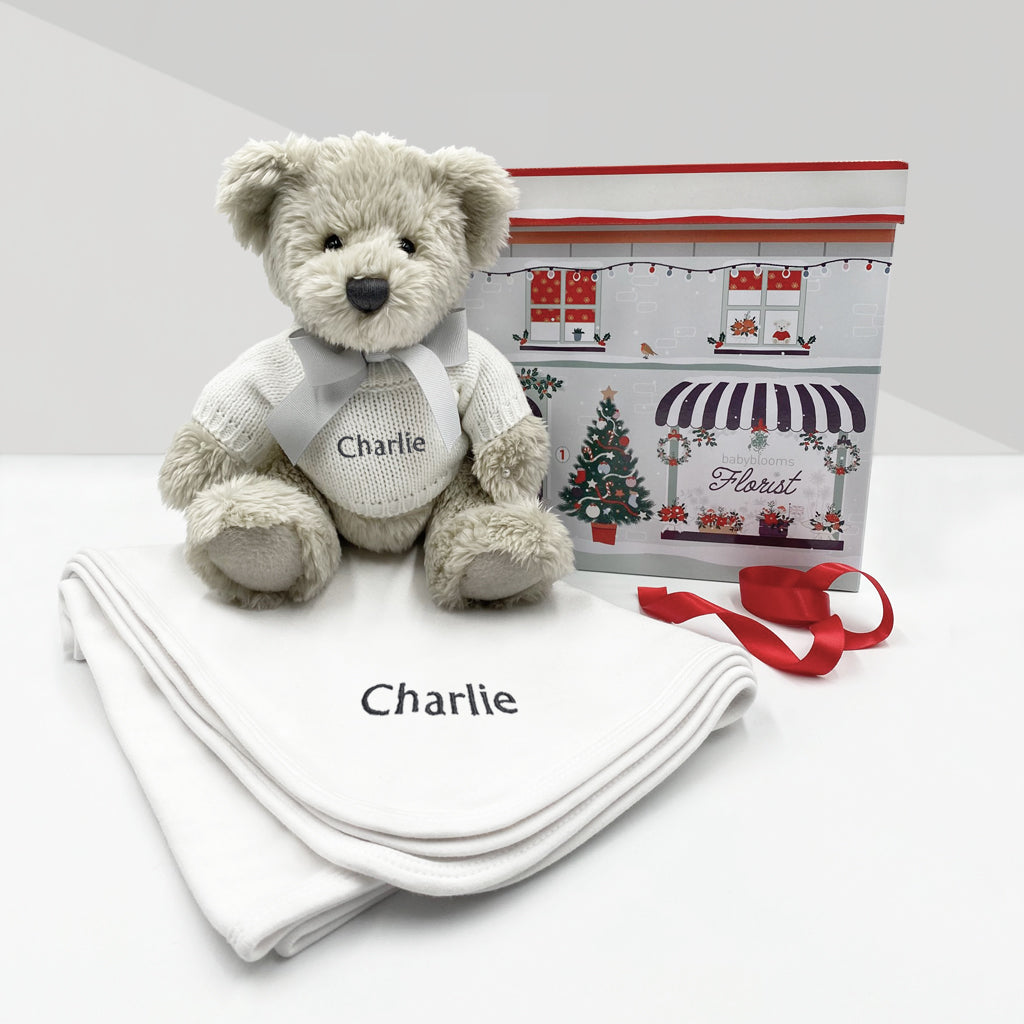 Personalised Babys First Christmas Snuggle Wrap With Teddy Bear Grey
