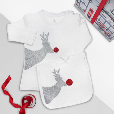 Babys First Chrsitmas Gift Reindeer Sparkle Christmas T-Shirt And Bib-Outfit